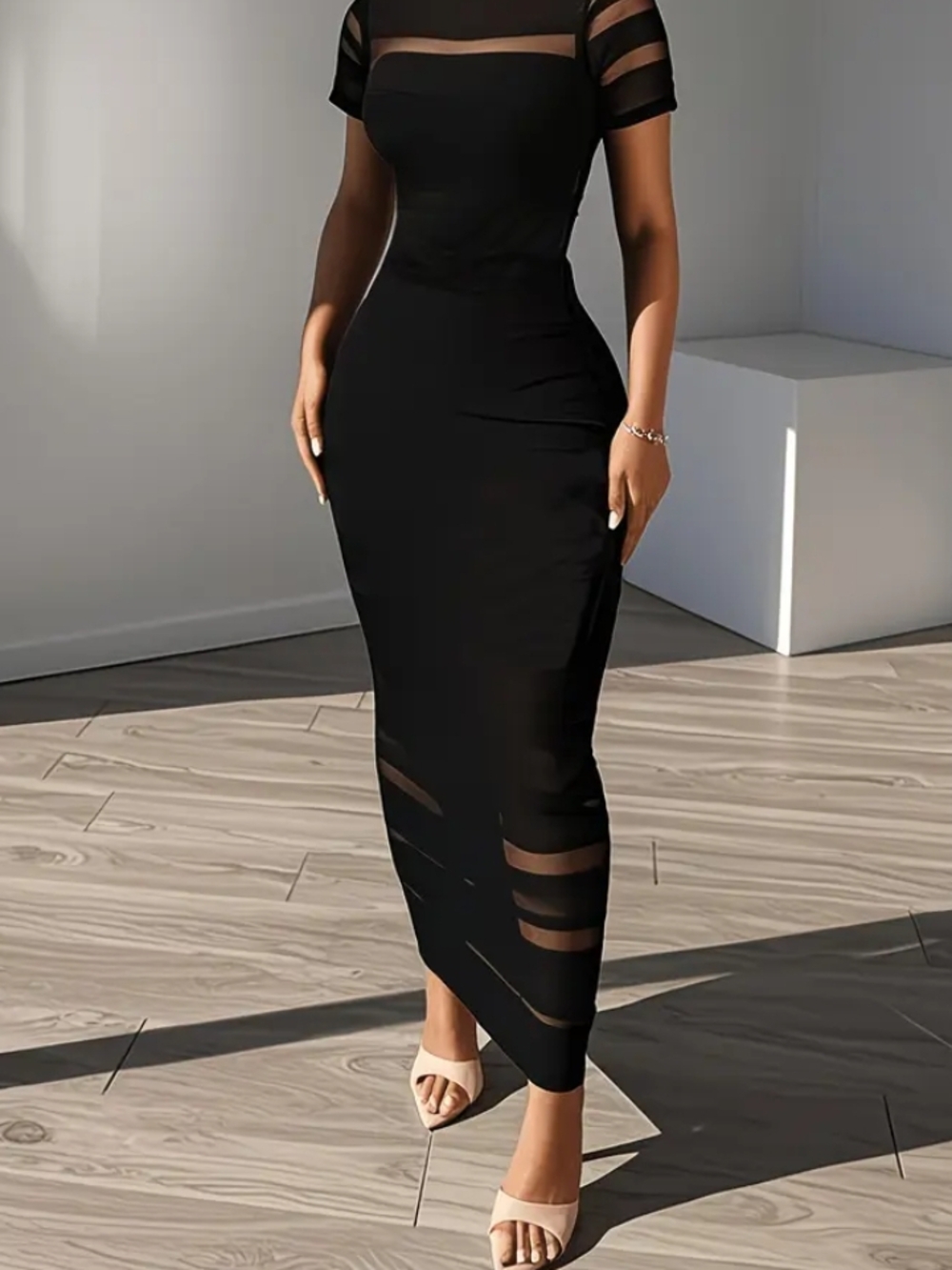 Black Sheer-Panel Bodycon Maxi Dress 22 p2p 57 inch long - Picture 2 of 8